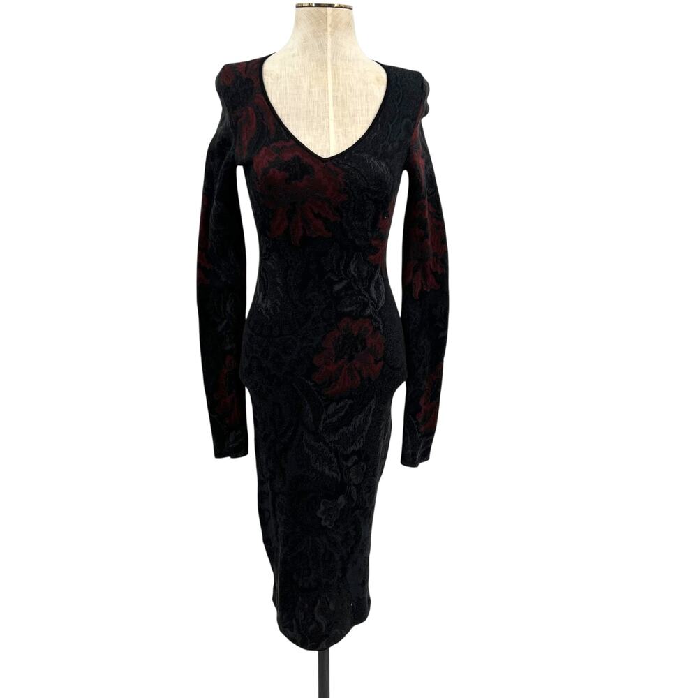 Peruvian Connection Pima Cotton Floral Jacquard Sweater Dress Black Red Size‎ XS